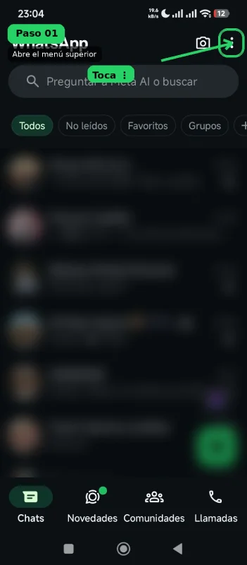 Captura de pantalla: menú de tres puntos en la esquina superior derecha de WhatsApp en Android