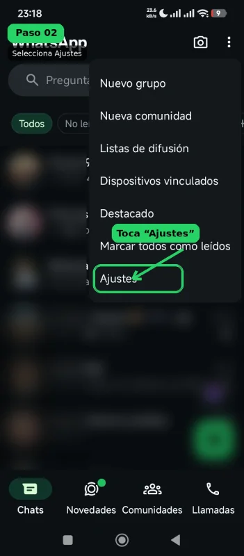 Captura de pantalla: opción Ajustes en el menú de WhatsApp