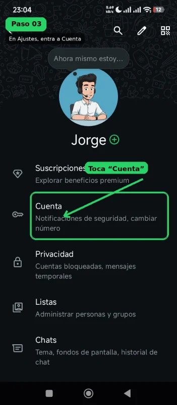 Captura de pantalla: opción Cuenta dentro de Ajustes de WhatsApp