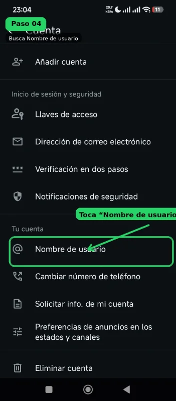 Captura de pantalla: opción Nombre de usuario dentro de Cuenta en WhatsApp