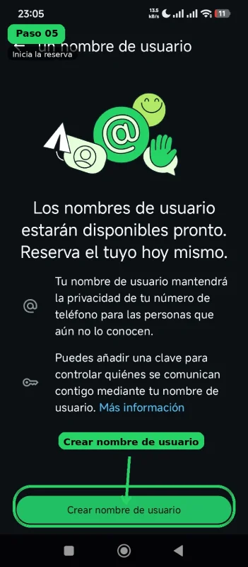 Captura de pantalla: botón Crear nombre de usuario en WhatsApp