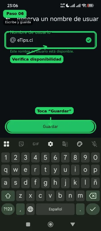 Captura de pantalla: campo para escribir y guardar el nombre de usuario en WhatsApp