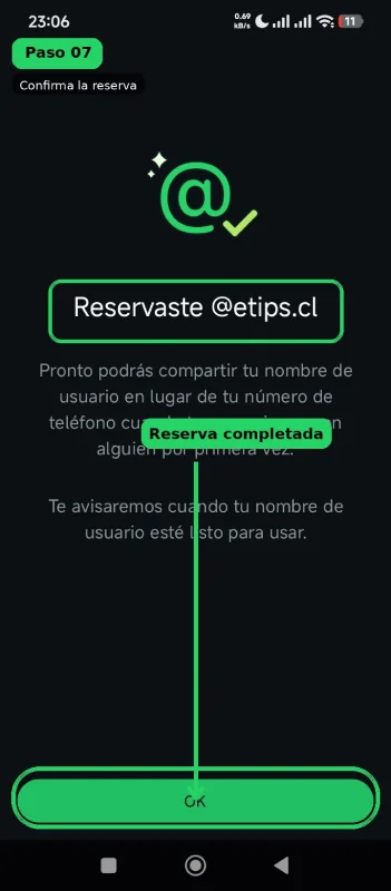 Captura de pantalla: confirmación de que el nombre de usuario fue reservado en WhatsApp